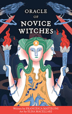 Book cover of 'Oracle of Novice Witches' featuring a stylized illustration of a woman with green hair and two crows.