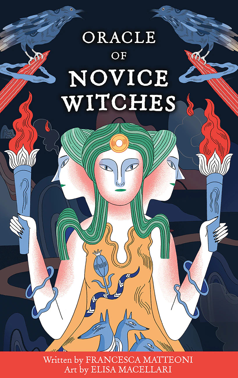 Book cover of 'Oracle of Novice Witches' featuring a stylized illustration of a woman with green hair and two crows.