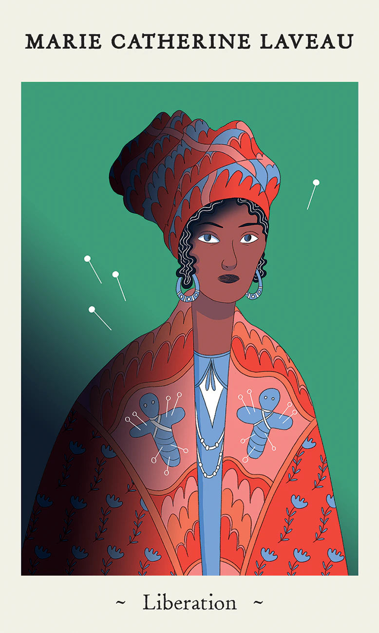 Illustration of a woman in a red and blue outfit with 'Marie Catherine Laveau' and 'Liberation' text above and below her respectively.