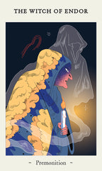 Card titled 'The Witch of Endor' with a hooded figure holding a candle against a dark background.