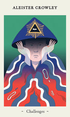Book cover with a stylized illustration of a person wearing a hooded garment with a triangle symbol, titled 'Challenges' by Aleister Crowley.