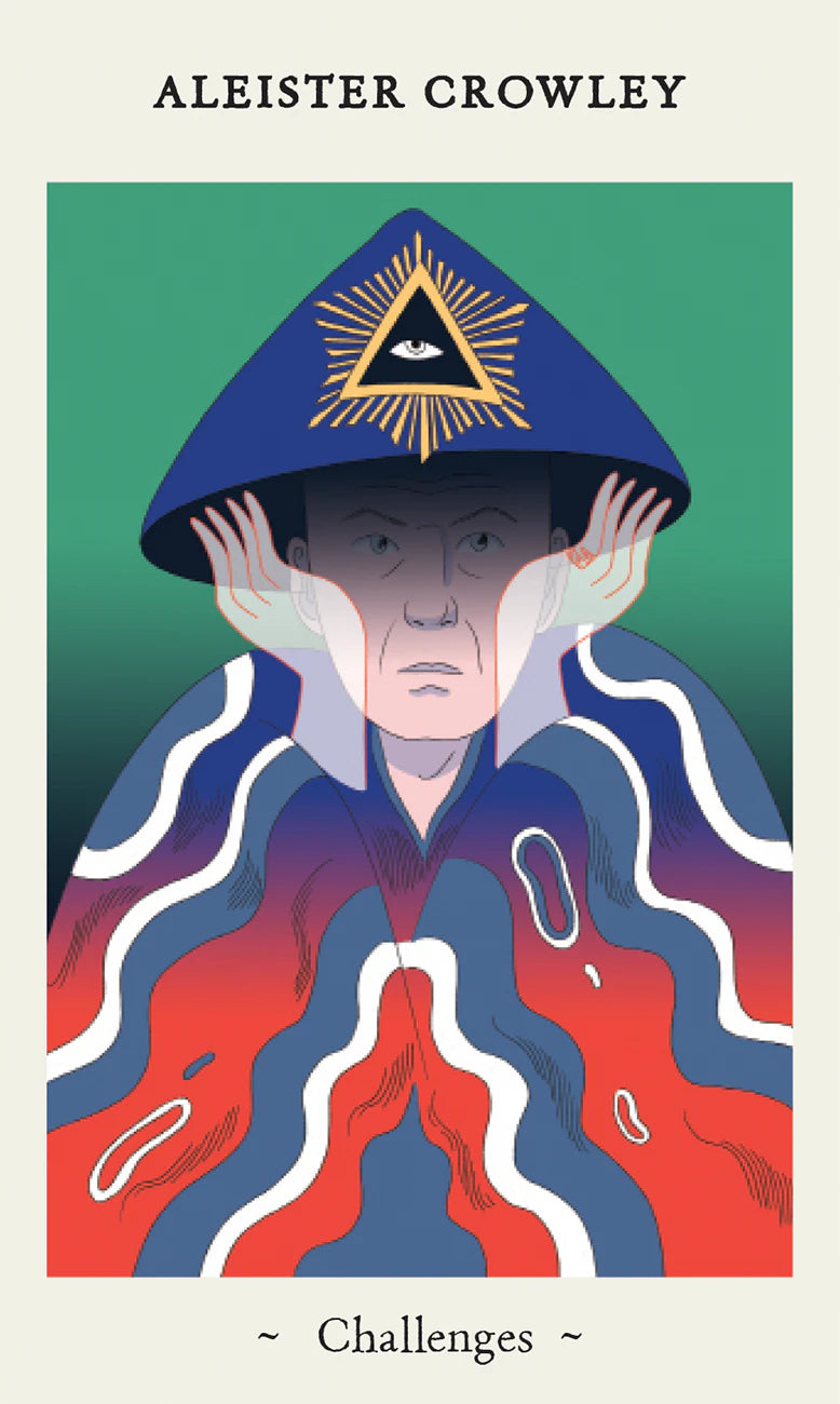 Book cover with a stylized illustration of a person wearing a hooded garment with a triangle symbol, titled 'Challenges' by Aleister Crowley.