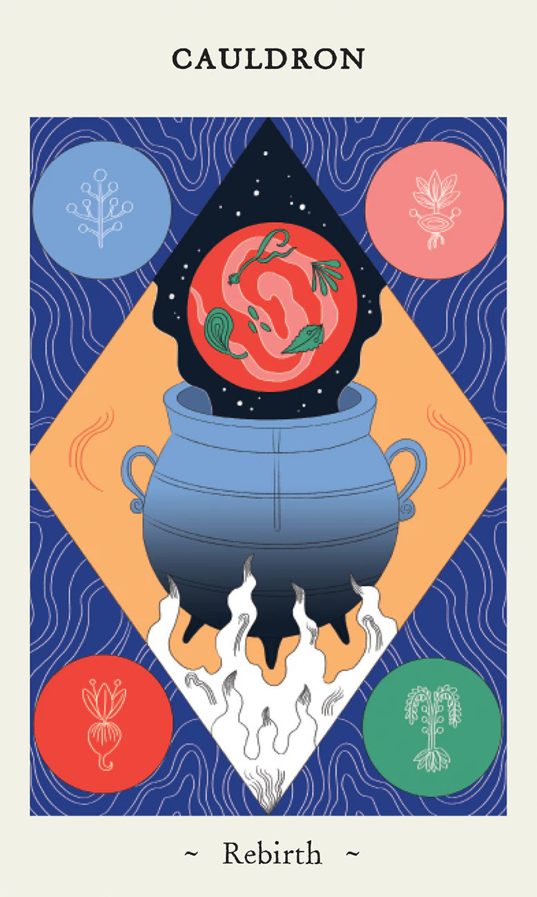 Cauldron card with symbols of rebirth on a blue background