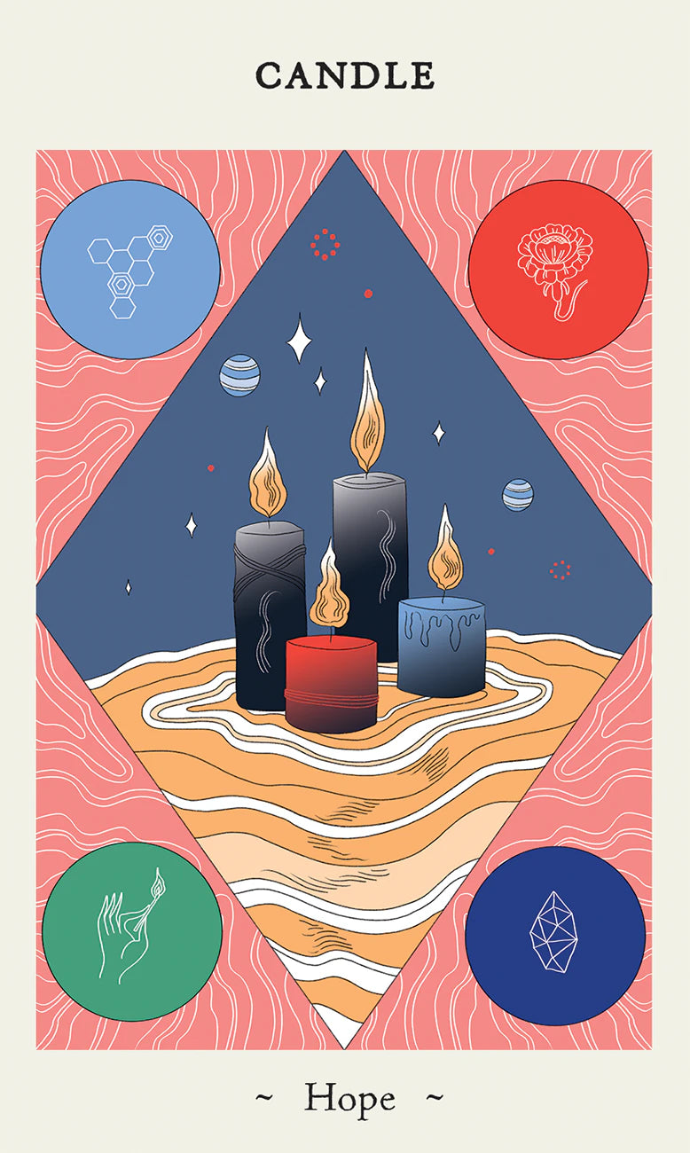 Illustration of three candles with a geometric design and symbols around them on a beige background.