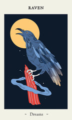 Card featuring a raven with a moon, red cloth, and skeleton key on a dark background with 'Raven' and 'Dreams' text.