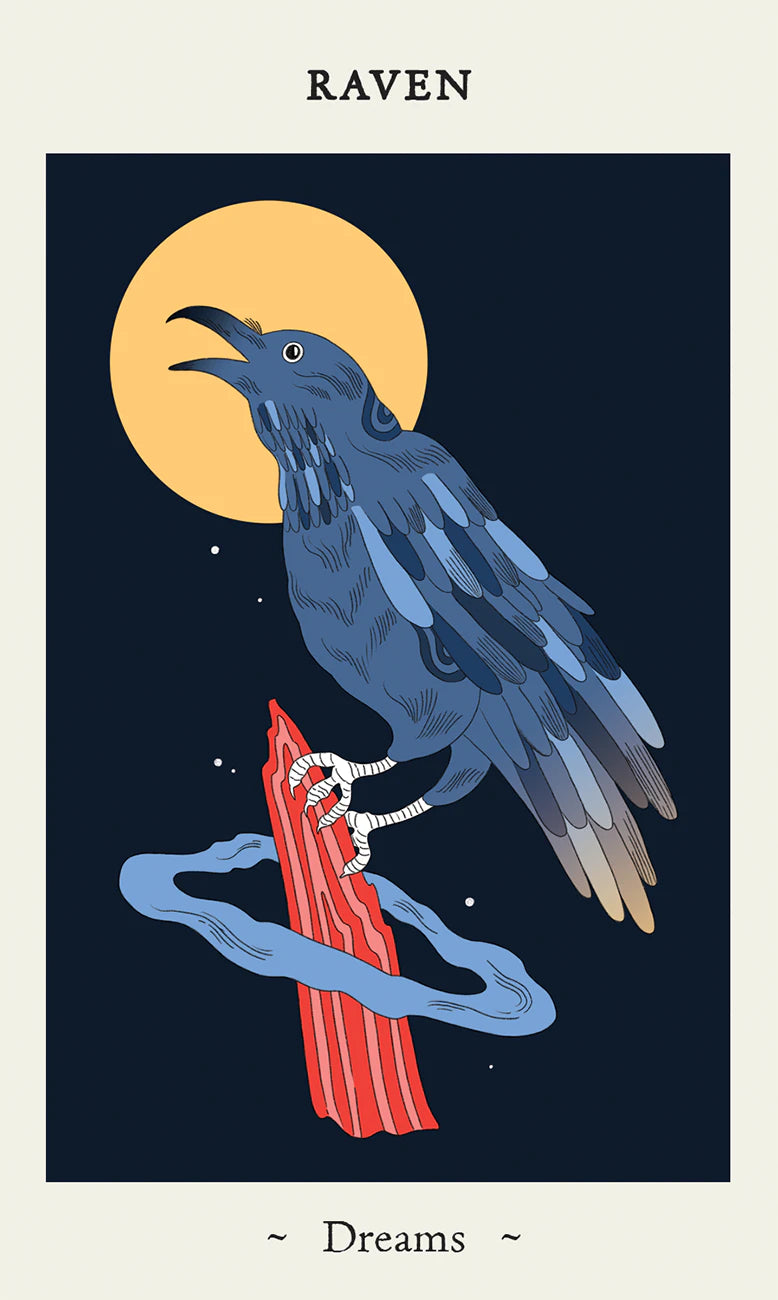 Card featuring a raven with a moon, red cloth, and skeleton key on a dark background with 'Raven' and 'Dreams' text.