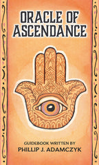 Book cover of 'Oracle of Ascendance' with a hand design and eye on an orange background.