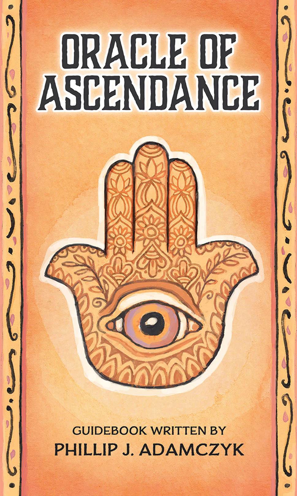 Book cover of 'Oracle of Ascendance' with a hand design and eye on an orange background.