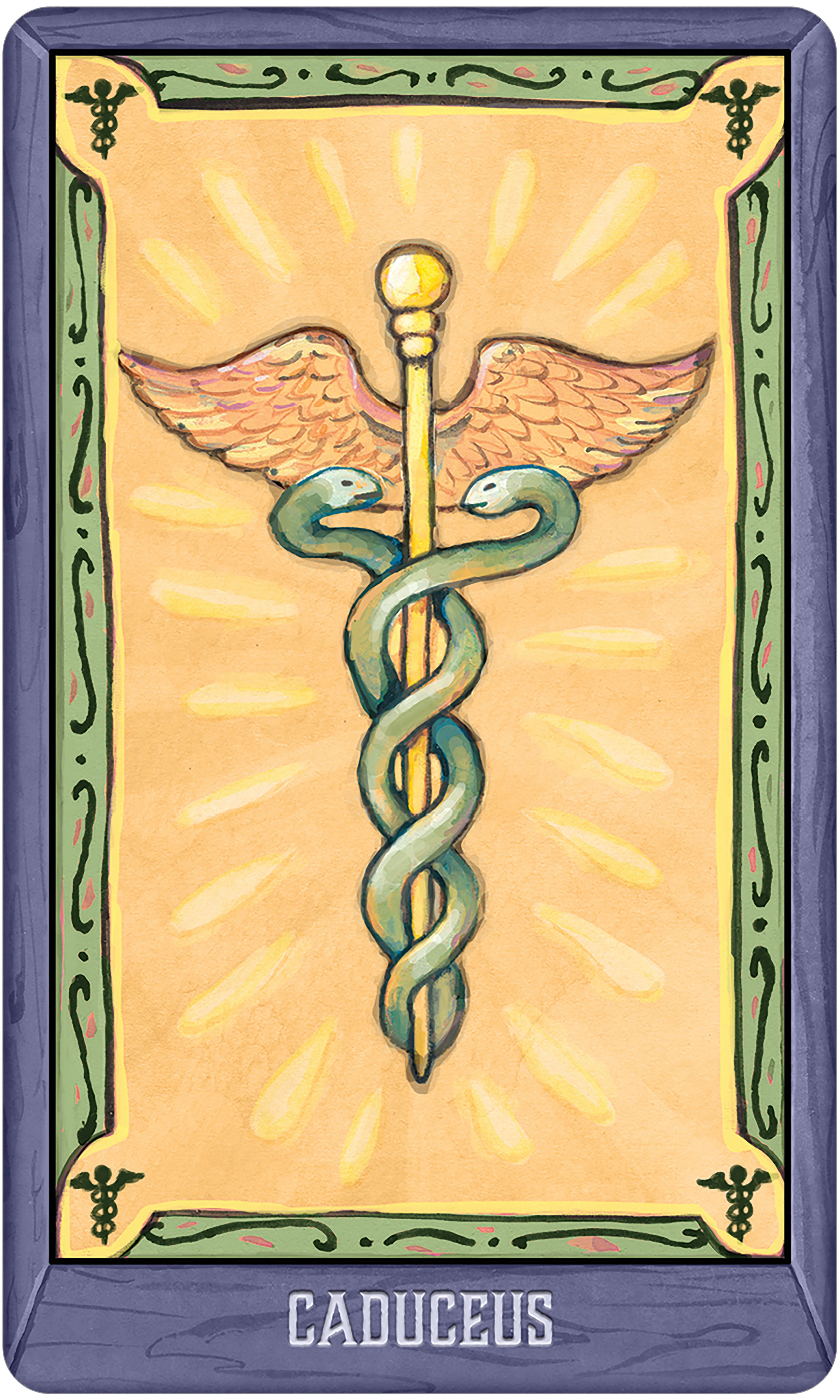 Caduceus symbol with wings and snakes on a decorative card