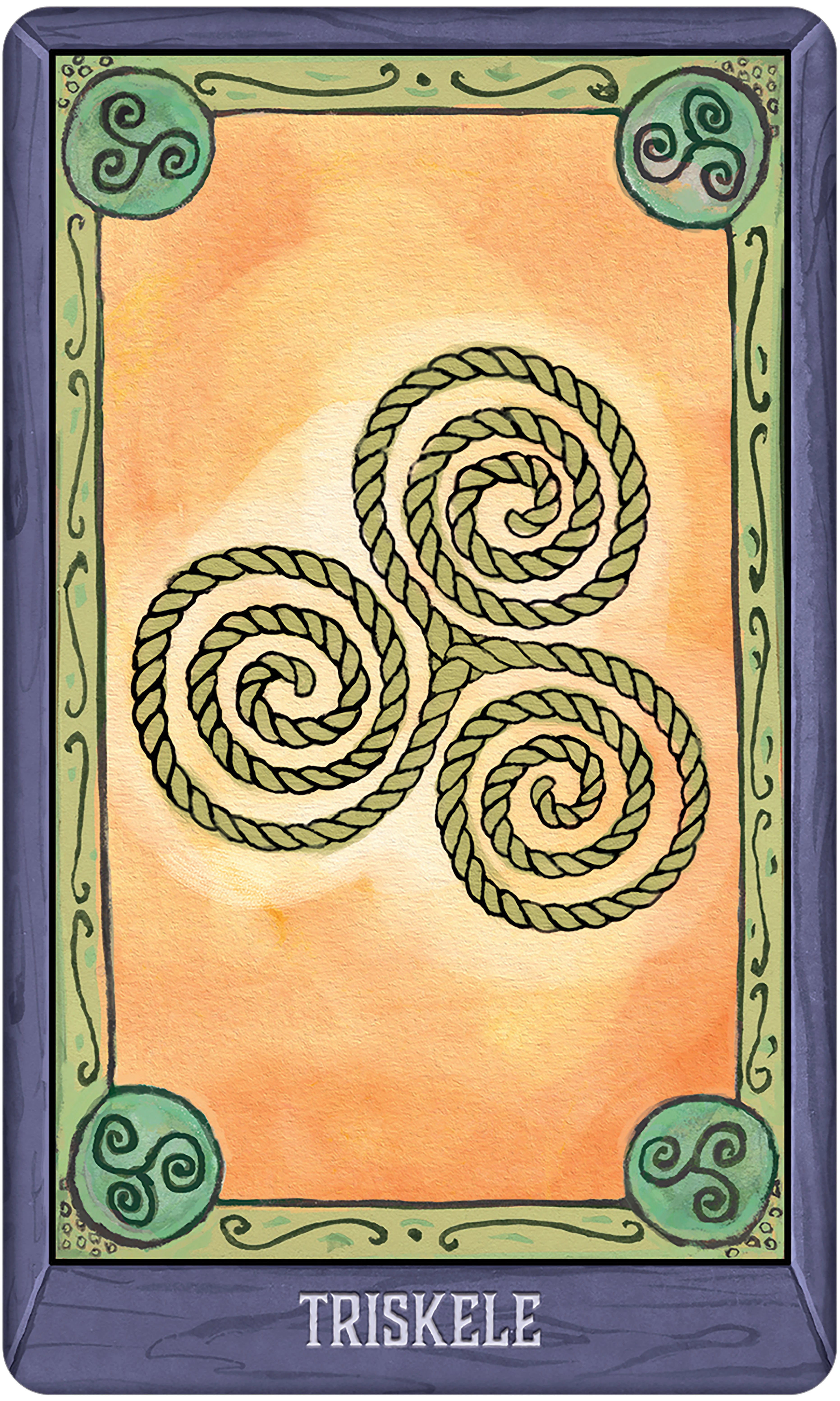 Card with a Triskele symbol on an orange background