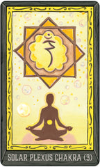 Card depicting the Solar Plexus Chakra with a silhouette of a person in meditation on a yellow background.