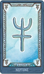 Neptune symbol on a tarot card with a blue watercolor background