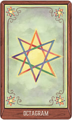 Colorful octagram symbol on a tarot card with decorative border and stars.