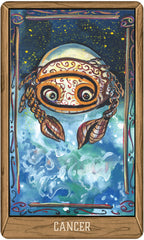 Card featuring a stylized illustration of a crab with a starry night sky and water design, labeled 'Cancer'.