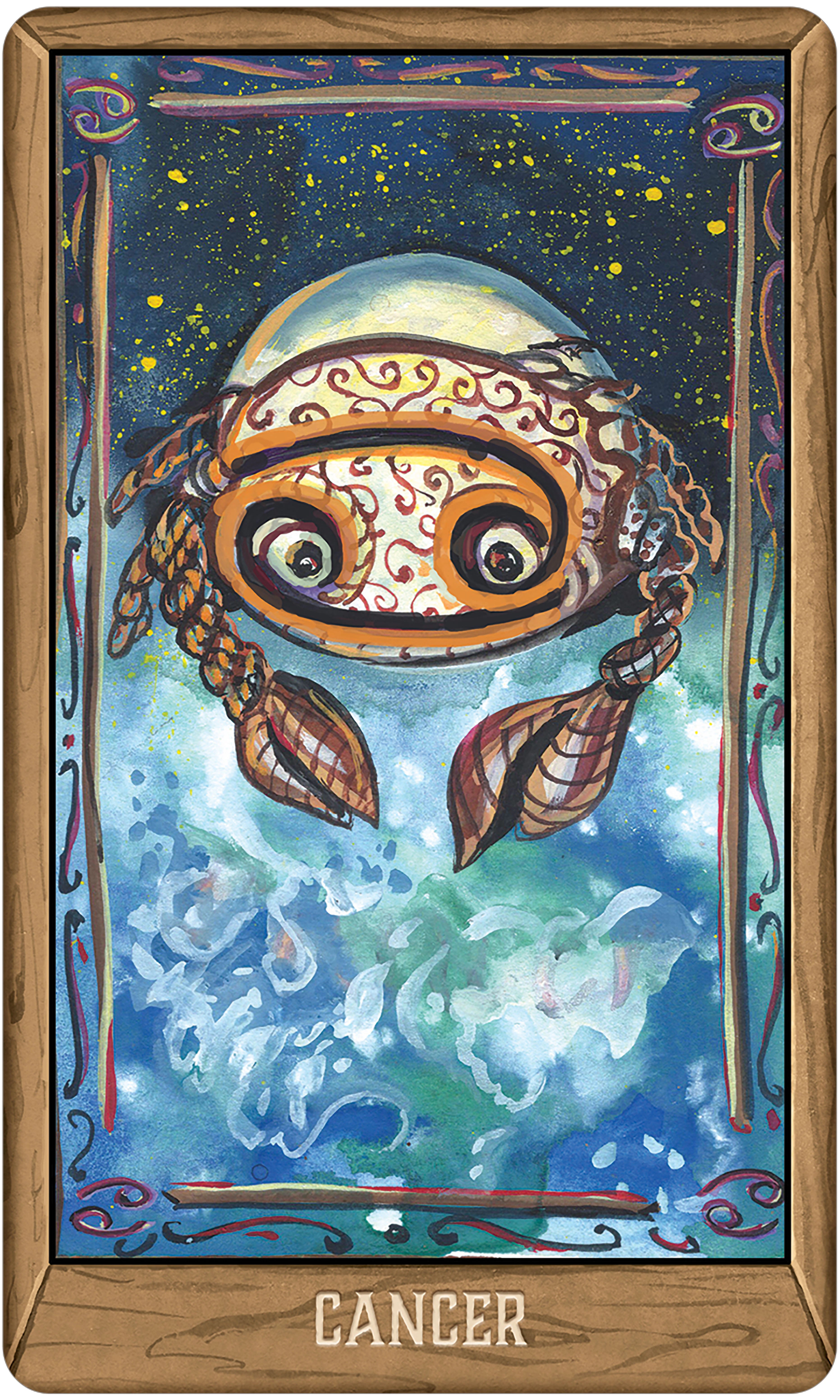 Card featuring a stylized illustration of a crab with a starry night sky and water design, labeled 'Cancer'.