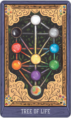 Card with Tree of Life symbol and colorful spheres on a decorative border