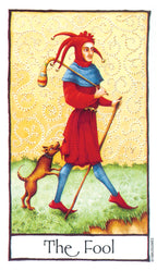 Tarot card featuring 'The Fool' with a person in red clothing and a dog on a yellow background.