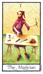 Tarot card featuring 'The Magician' with a person in a red robe and hat at a table.