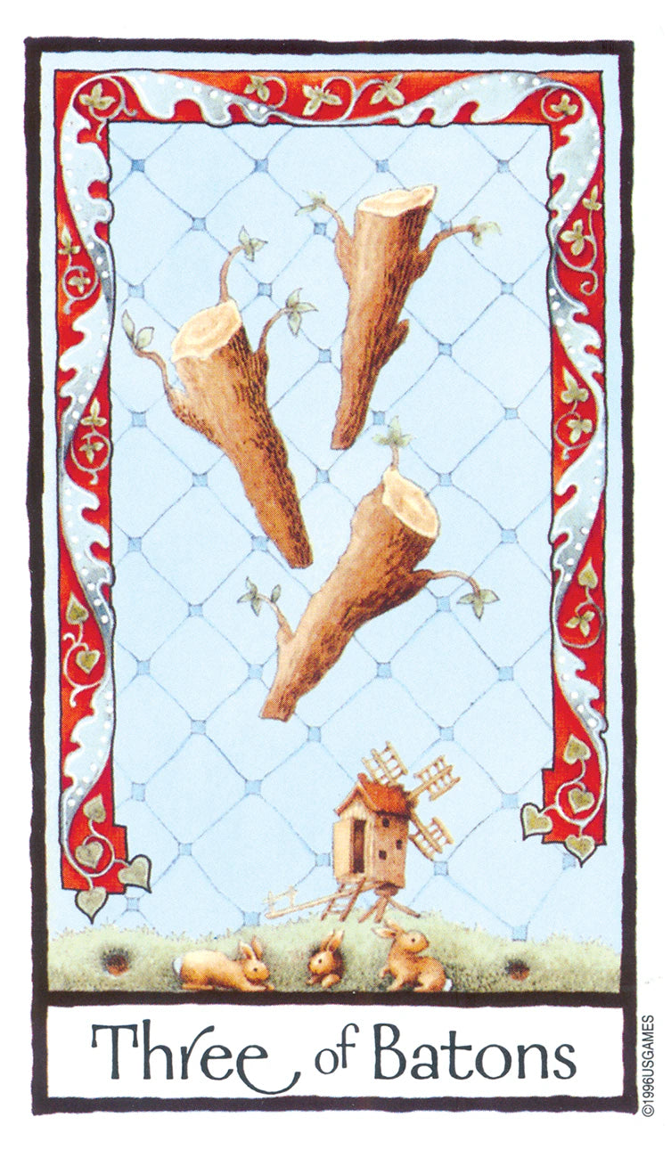 Card featuring 'Three of Batons' with a decorative border and illustrations of logs and a windmill.