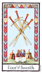Four of Swords tarot card with crossed swords and decorative border