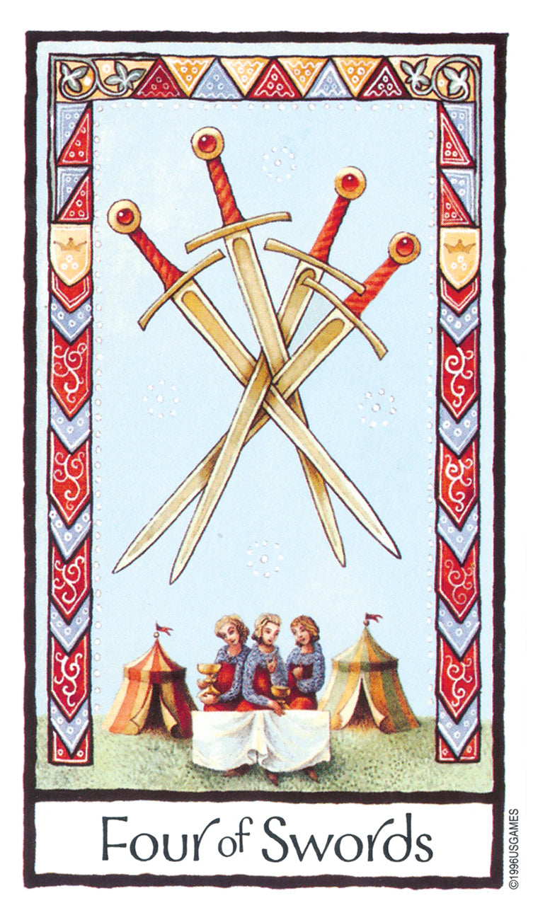 Four of Swords tarot card with crossed swords and decorative border