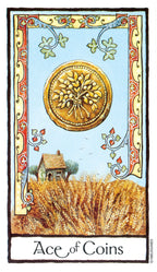 Ace of Coins tarot card with gold coin, wheat field, and house in decorative frame