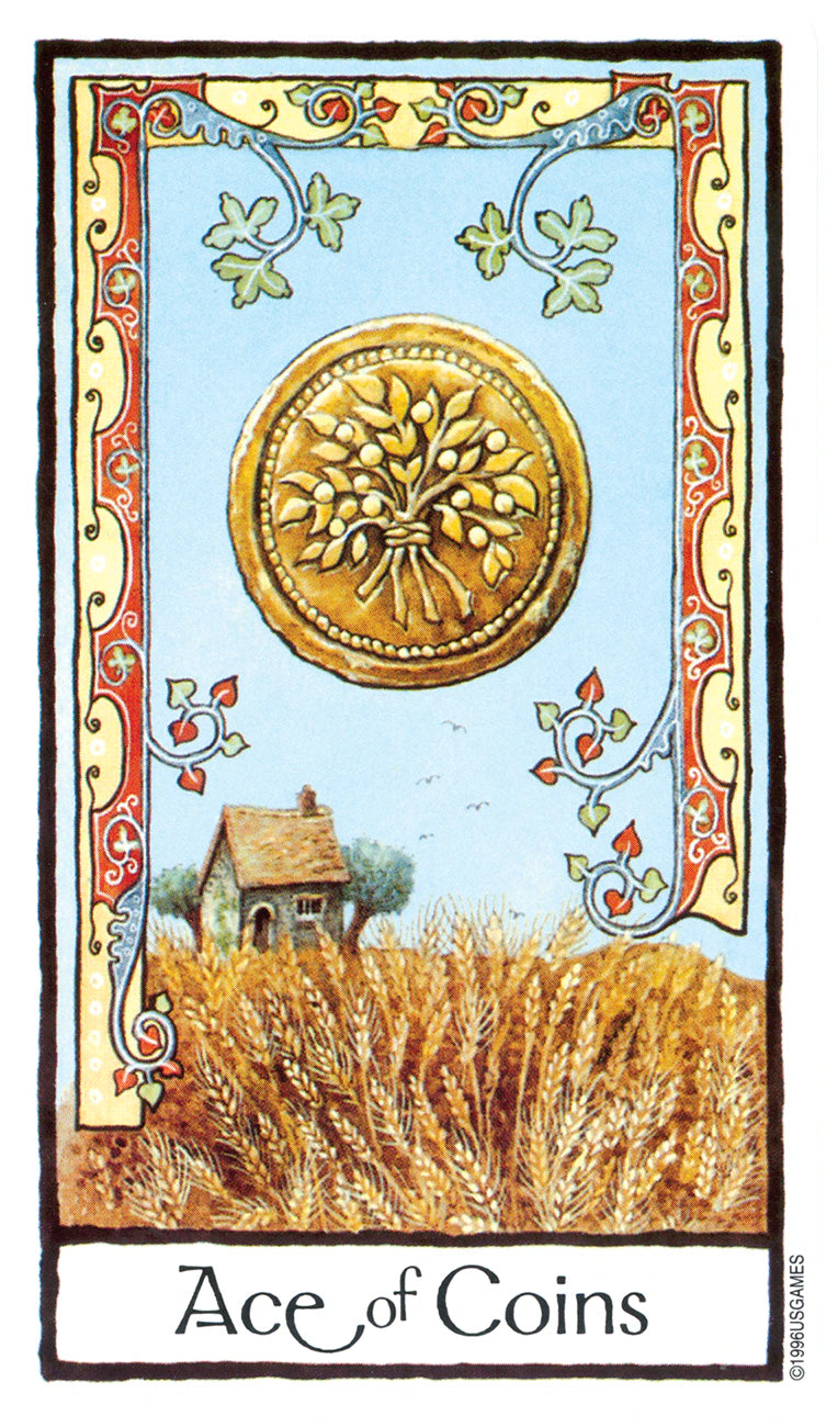 Ace of Coins tarot card with gold coin, wheat field, and house in decorative frame