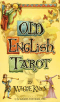 Cover of 'Old English Tarot' by Maggie Kneen with illustrations of tarot figures on a yellow background.