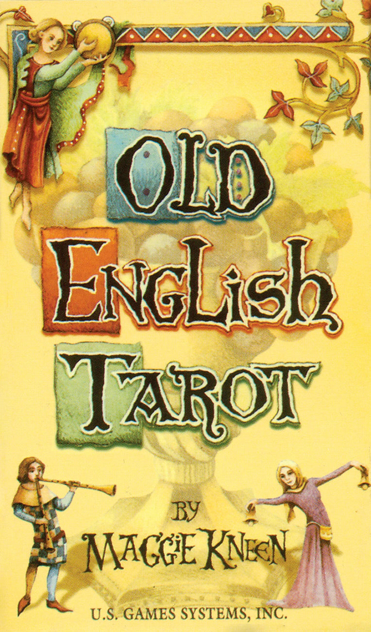 Cover of 'Old English Tarot' by Maggie Kneen with illustrations of tarot figures on a yellow background.
