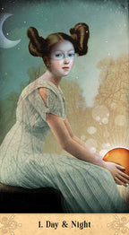 Woman holding a glowing orb with celestial elements and text '1. Day & Night' at the bottom.