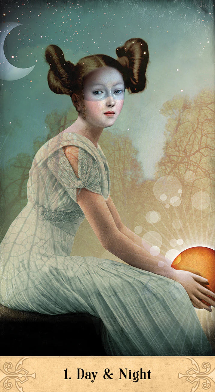 Woman holding a glowing orb with celestial elements and text '1. Day & Night' at the bottom.
