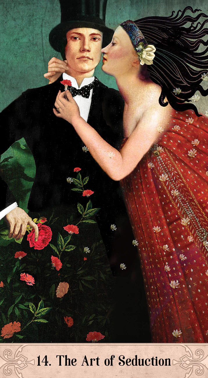 Vintage-style illustration of a man and woman embracing with text '14. The Art of Seduction' at the bottom.