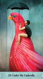 Person sitting on a large pink bird holding an umbrella against a blue background