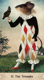 Illustration of a mouse in a jester outfit with a bird, set against a pastoral background.