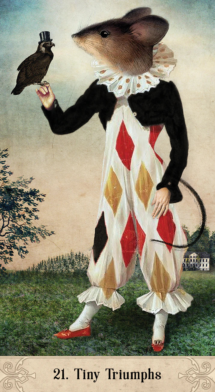 Illustration of a mouse in a jester outfit with a bird, set against a pastoral background.
