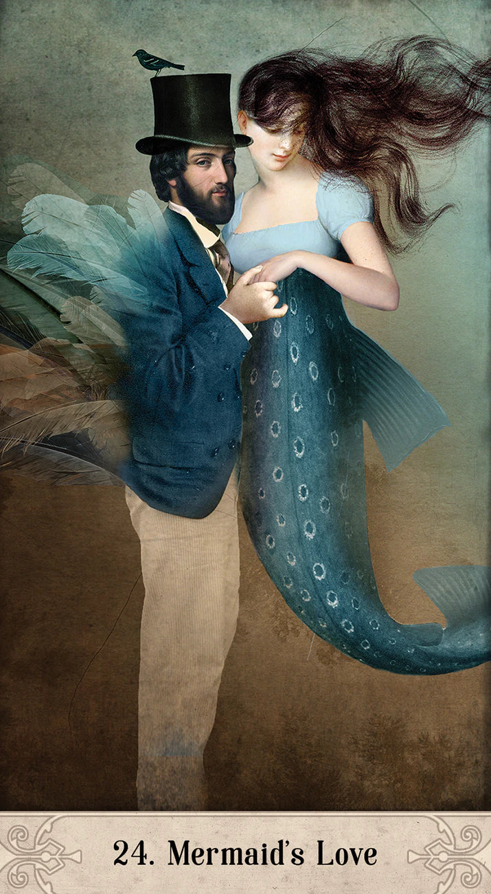 Mermaid embracing a man in formal attire with a top hat, set against a textured background.