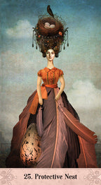 Woman in an elaborate dress with a nest on her head against a cloudy sky.