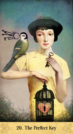 Vintage-style illustration of a woman with a bird, key, and heart-shaped cage, labeled 'The Perfect Key'.