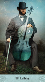 Man in formal attire holding a cello with a mystical background, labeled '38. Lullaby'.