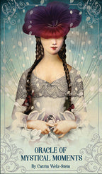 Book cover of 'Oracle of Mystical Moments' with a stylized illustration of a woman with a flower head.