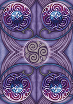 Decorative design with star symbols and Celtic knot patterns on a purple background. This is the back of the Wicca Oracle deck
