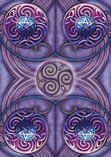 Decorative design with star symbols and Celtic knot patterns on a purple background. This is the back of the Wicca Oracle deck
