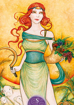 Artistic depiction of a woman with red hair, holding a sheaf of wheat and a cornucopia, against a warm yellow background.