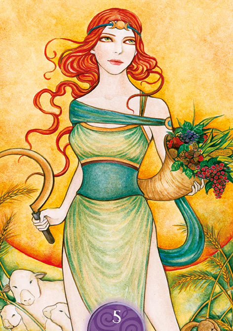 Artistic depiction of a woman with red hair, holding a sheaf of wheat and a cornucopia, against a warm yellow background.