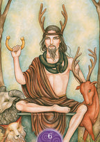 Mythical figure with antlers holding a staff, surrounded by animals in a forest setting.