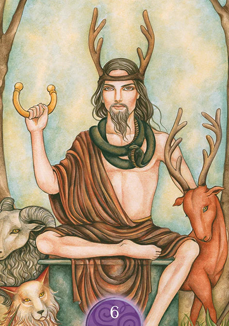 Mythical figure with antlers holding a staff, surrounded by animals in a forest setting.