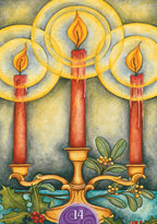 Decorative illustration of three candles on a stand with holly leaves and berries, number 14 visible.