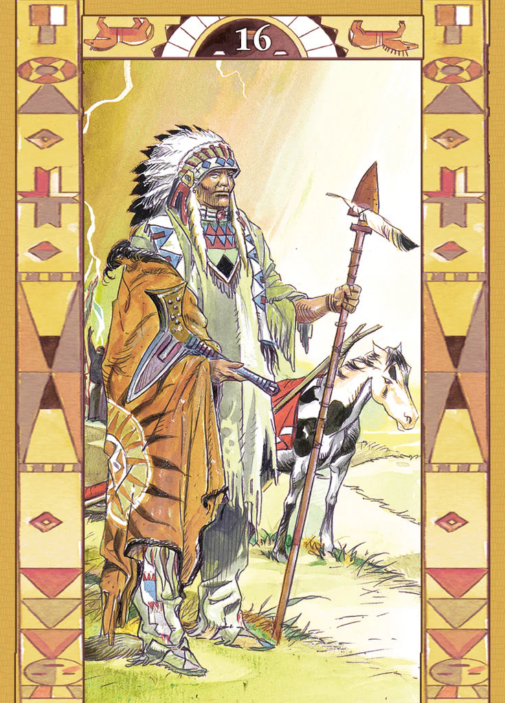Illustration of a Native American figure with a spear and shield, standing next to a horse, against a decorative border.