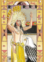 Native American figure with headdress and eagle, framed by geometric patterns