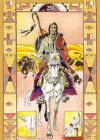Illustration of a Native American figure on a horse with decorative elements and symbols.